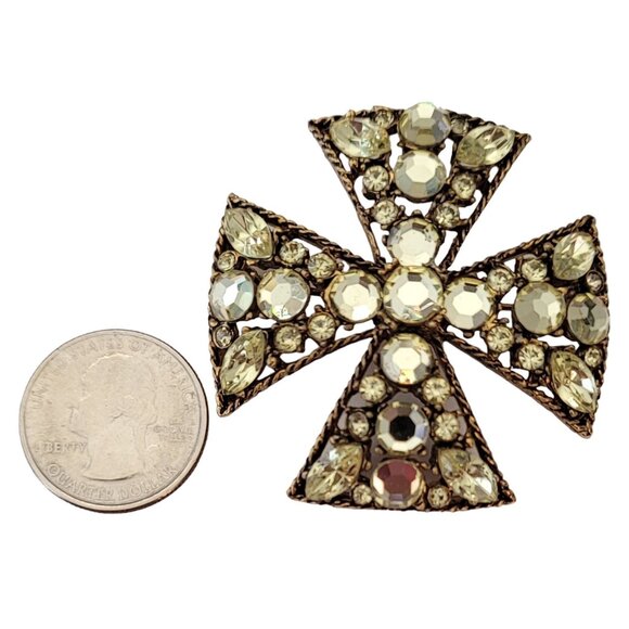 Gold Tone Jonquil Rhinestone Vintage Maltese Cross Brooch Pin E734 - Picture 8 of 10